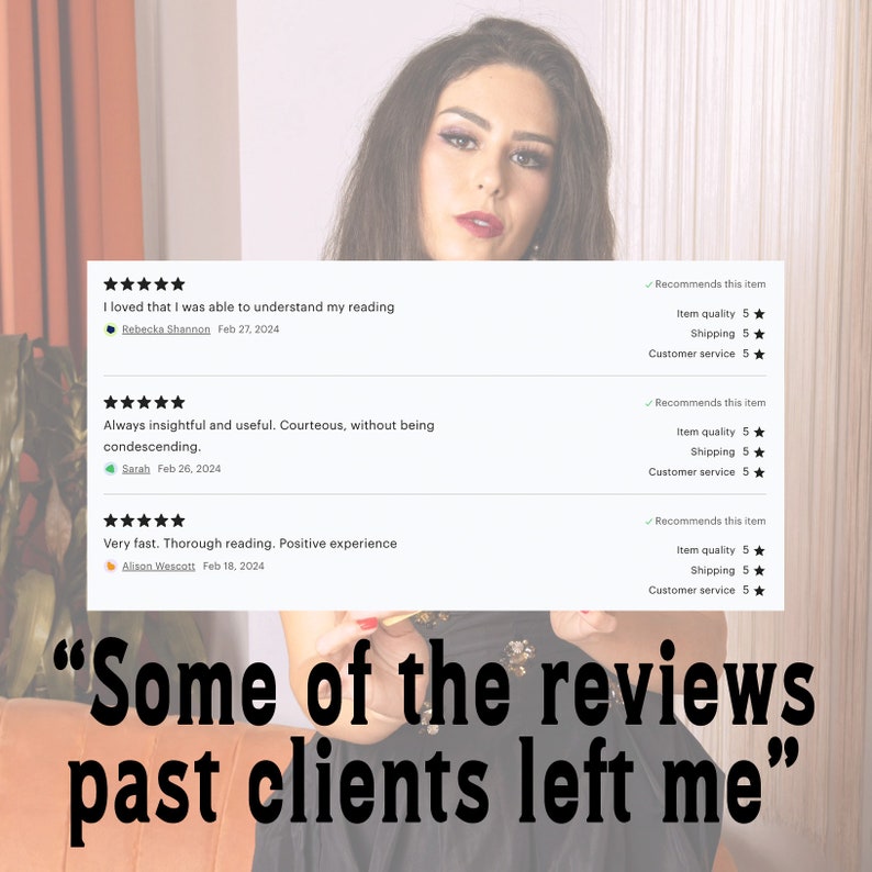 Puede incluir: Un collage de rese&ntilde;as positivas de clientes para un servicio. Las rese&ntilde;as destacan la claridad, la utilidad y la rapidez del servicio. El texto dice "Me encant&oacute; poder entender mi lectura", "Siempre perspicaz y &uacute;til. Cort&eacute;s, sin ser condescendiente", y "Muy r&aacute;pido. Lectura completa. Experiencia positiva".