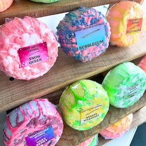 Mini Soap Infused Sponges | Up To 3 Weeks Use | Children&#39;s Bath and Shower Gift | Gentle Care Lather | SLS Free | Vegan Eco Friendly | 120g