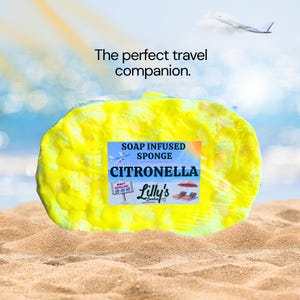 Citronella Soap Infused Sponges | Perfect Summer Companion | Up To 3 Weeks Use | Luggage Friendly | No SLS | Vegan | Shower & Bath | 150g