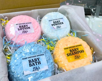 Babyduft | Mit Seife gefüllte Schwamm Geschenkbox | Bad, Lotion, Shampoo, Puder | Stark duftend