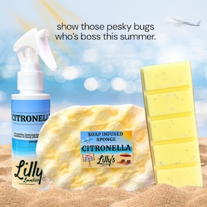 May include: Citronella products are shown: a spray bottle, a soap-infused sponge, and a yellow wax melt bar. The spray bottle is labelled "Citronell" and contains 100ml. The sponge has a "Citronella" label. Text reads "show those pesky bugs who's boss this summer."