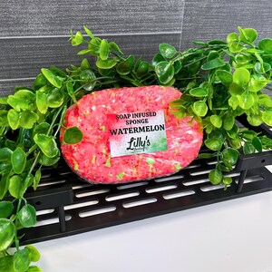 A Watermelon Soap Infused Sponge, resting on a black tray on the side of a bubble-filled bath tub. The watermelon sponge is primarily red, topped off with green soap. It is surrounded by greenery and gives off natural vibes, reflecting the vegan properties of the Soap Infused Sponge itself.
