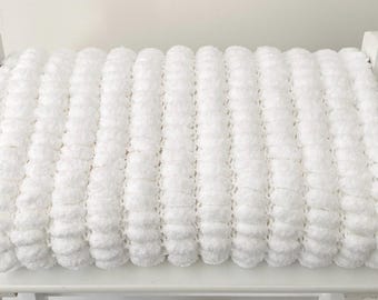 Hand Knitted Pom Pom Baby Blanket - White - Car Seat Size (Approx 48cmx50cm)