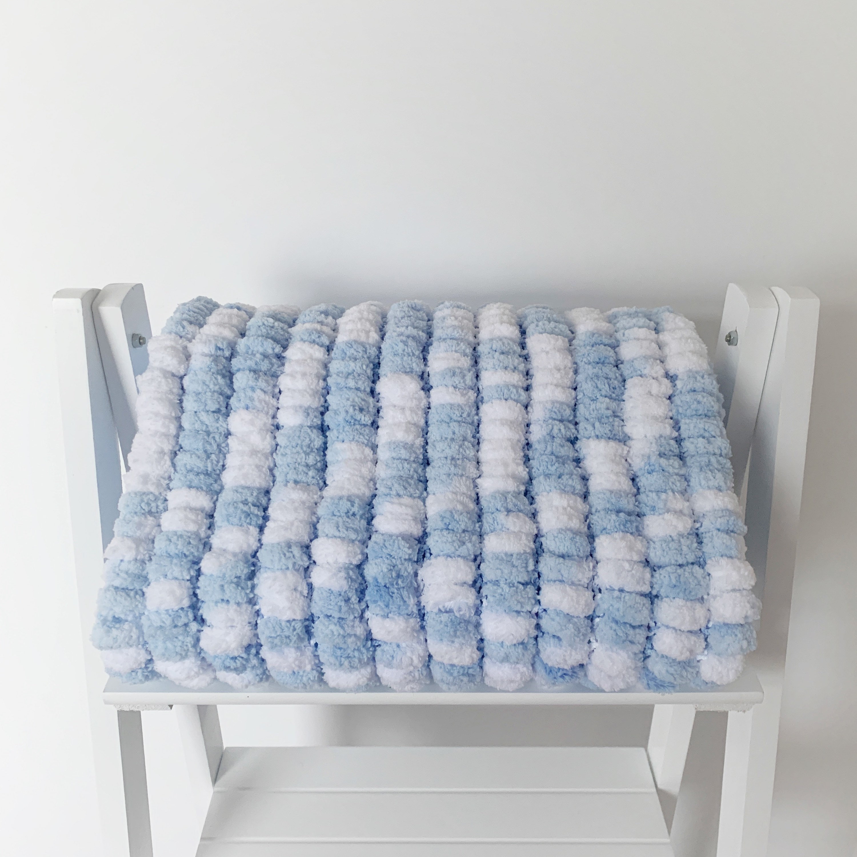 Soft blue white knitted Pom Pom pram size baby blanket Etsy
