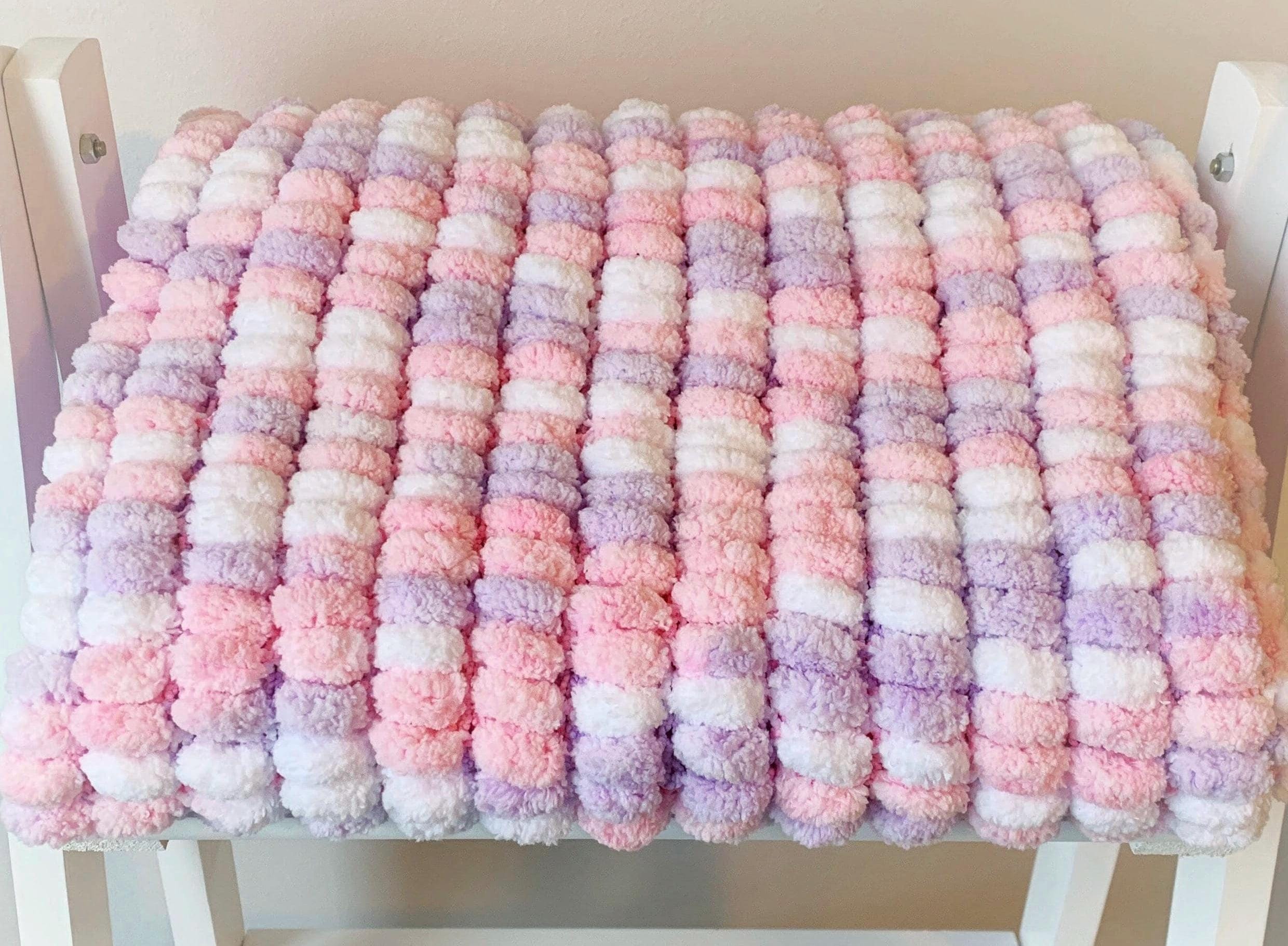 Pom Pom Mauve Chunky Knit Blanket Small White/pink/lilac Hand