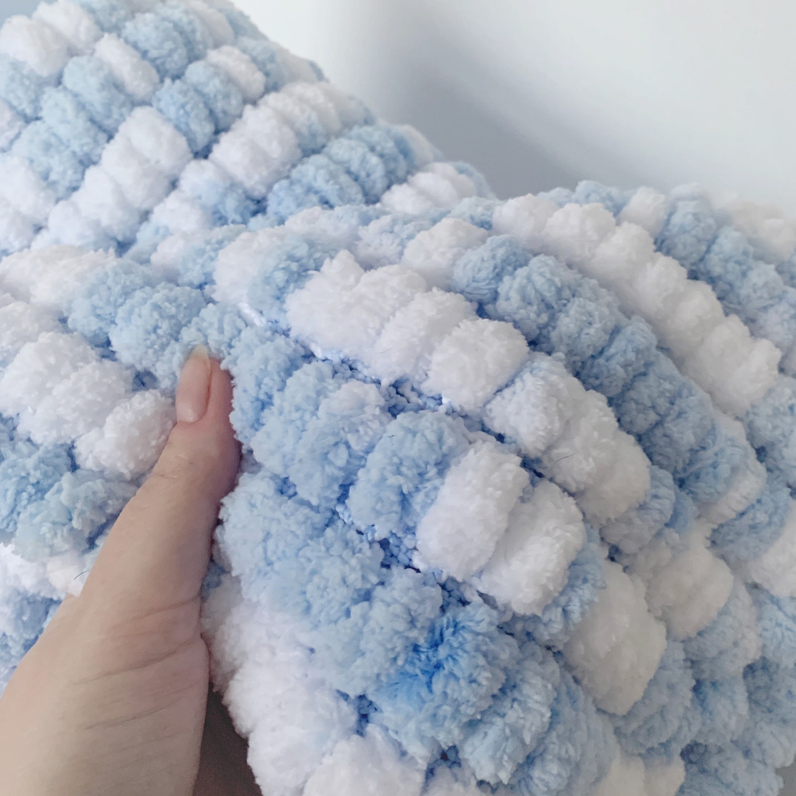 Soft Blue White Small Hand Knitted Pom Pom Baby Blanket Ideal Etsy UK
