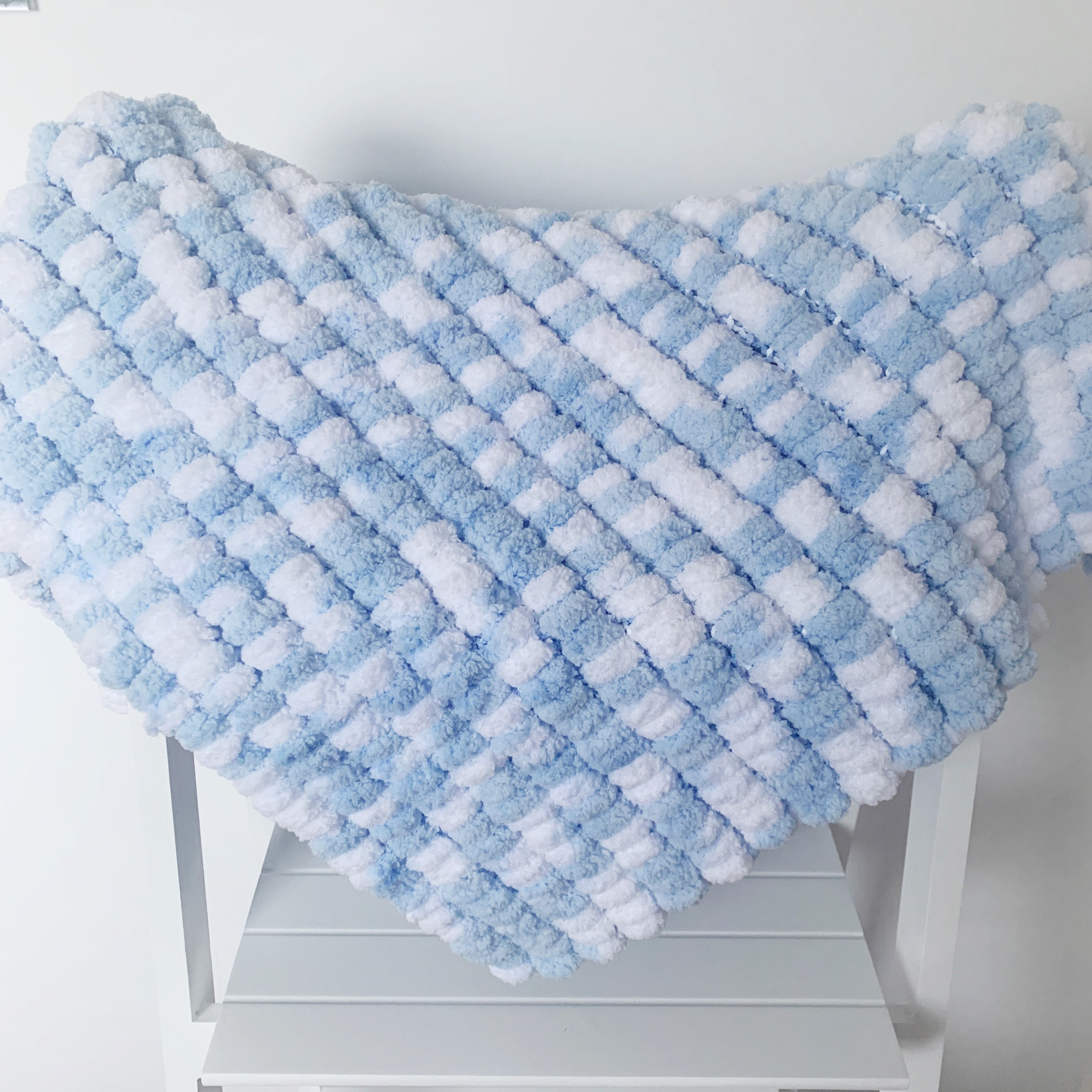 Soft Blue White Small Hand Knitted Pom Pom Baby Blanket Ideal Etsy UK