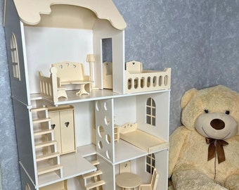 Hölzernes Puppenhaus, Modernes Puppenhaus, mit Möbeln, Plywood Bausatz, Puppenhaus für Mädchen 4 Jahre, Puppenhaus zum Geburtstag der Tochter
