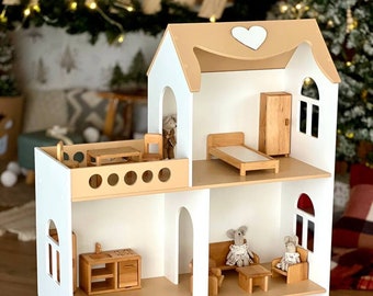 Umweltfreundliches Puppenhaus aus Holz für Barbie, inklusive anpassbarer Möbel