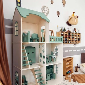 Gift for daughter - Handmade Wooden Dollhouse for Dolls - Large House with Furniture