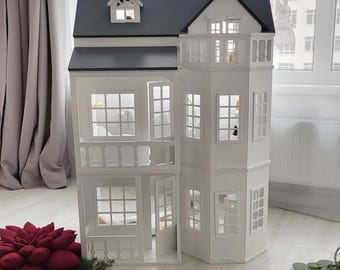 Big doll house, White Dollhouse and Doll Furniture,  Kids Room Furniture Plans, Handmade Dollhouse, Gift for Baby Girl