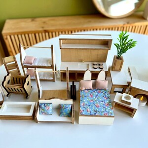 Handcrafted Plywood Furniture Set for Dolls - Miniature Dollhouse Kit with textiles