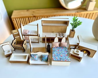 Conjunto de muebles artesanales de madera contrachapada para muñecas - Kit de casa de muñecas en miniatura con textiles