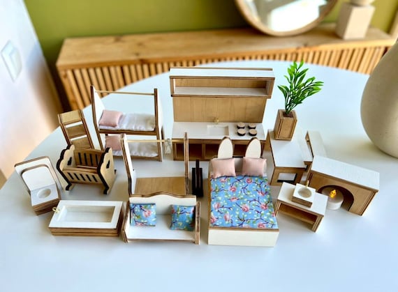 Handcrafted Plywood Furniture Set for Dolls - Miniature Dollhouse Kit with textiles