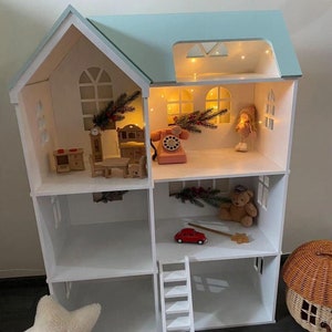 Wooden Dolls House, Dollhouse for girls, Pink Dollhouse, Gift for little girls, Dollhouse Kit, Dolls House with Furnitures, Large Dollhouse image 9