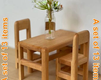 Juego de muebles para casa de muñecas de madera de aliso - Hecho a mano