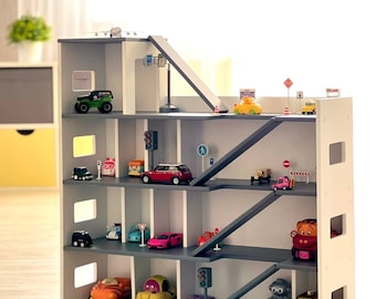 Handgemaakte speelgoedauto-parkeergarage - opbergdisplay met meerdere niveaus voor kinderen