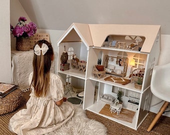 Casa delle bambole in legno, Casa delle bambole per ragazze, Casa delle bambole rosa, Regalo per bambine, Kit casa delle bambole, Casa delle bambole con mobili, Grande casa delle bambole