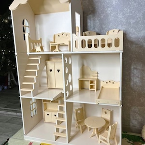 Wooden Dollhouse, Modern dollhouse, with furniture, Plywood Kit, Doll house for girl 4 years old, doll house for daughter&#39;s birthday