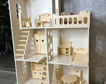 Wooden Dollhouse, Modern dollhouse, with furniture, Plywood Kit, Doll house for girl 4 years old, doll house for daughter's birthday