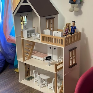 Handmade Wooden Dollhouse for Dolls - Large House with Furniture
