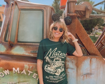 Mater's Towing Co Green Tee, Theme Park Tshirt, Cars Shirts, West Coast Design