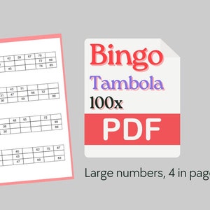 100 Tambola Tickets 25 Pages, 4 Tickets per Page Large Numbers ...