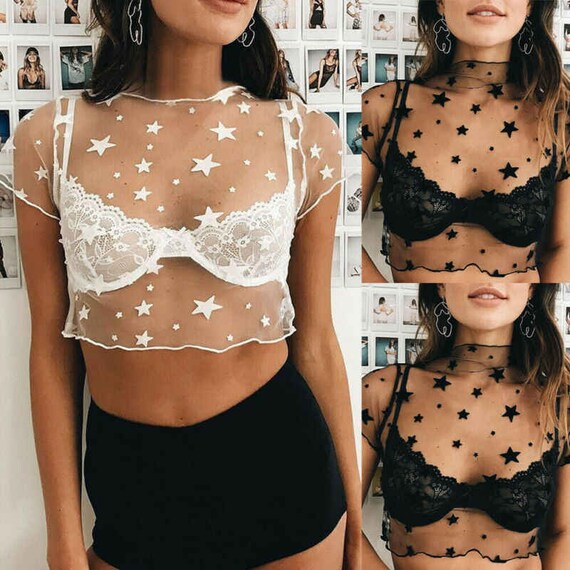 Women Sexy Sheer Star Mesh T-shirt 