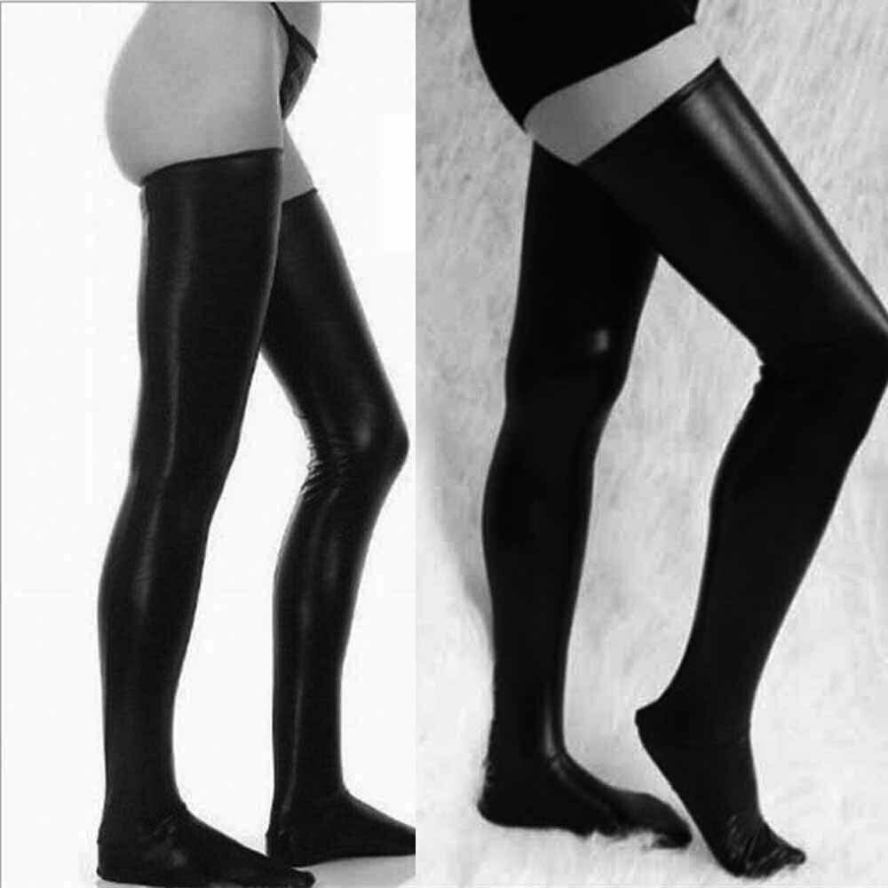 Men's Wet Look Latex Leather Thigh High Footed Stockings Tights Socks Clubwear