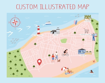 Custom Hand Illustrated Destination Map, Travel Map, Tourist Map, Event ...