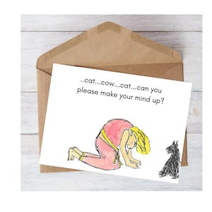 Carte de yoga humoristique avec chat et vache, cours de yoga de la mairie du village