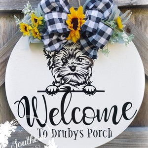 Yorkie Door Hanger, Welcome Sign, Dog Lover, Farmhouse Bow, Personalized Sign