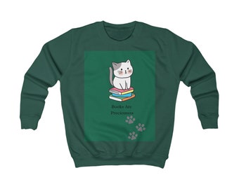 Felpa verde per bambini Gatto e libri. La lettura è un maglione prezioso. Libri Felpa verde per bambini di tutte le taglie
