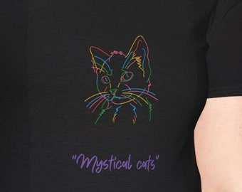 Cat T Shirt. Mystery Cat tee. A subtle line drawing of a cat on a black background. Unisex Softstyle T-Shirt Personalisation