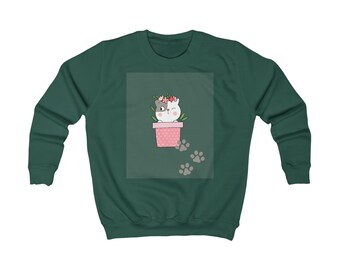 Kids Green Sweatshirt Plant/cat lover Children's Sweater Paws