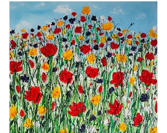 Bloem canvas muurkunst, abstracte bloemen schilderij, origineel schilderij op canvas, kleurrijk schilderij, canvaskunst, geschilderd door een blinde kunstenaar