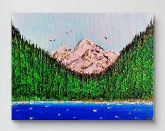 Mountain Lake orginal painting, Landscape Wall Art, Office Decor, Nature Wall Decor, Beach Wall Art, Painted by Blind Artist, Shellyann
