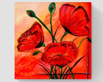 Bloemen kunst aan de muur, boho kunst aan de muur, decor bloemen huis, rode bloemen schilderij, kunst aan de muur Feng Shui, geschilderd door blinde kunstenaar, Shellyann Siddoo