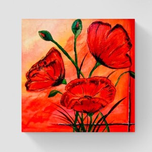 May include: A painting of red poppies with green stems and leaves on a warm orange background.