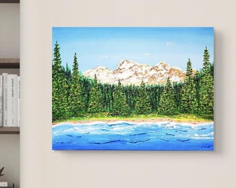 Textured Mountain painting, Mountain Lake Landscape Wall Art, Office Decor, Nature Wall Decor, Beach Wall Art, Painted by a Blind Artist