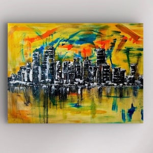 Stadt Skyline Kunst, Wandkunst Wohnzimmer, Wandkunst auf Leinwand, Wandkunst über dem Bett, Skyline Wandkunst, abstrakte Wandkunst, gemalt von blindem Künstler Bild 1