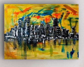 City Skyline Art, Wall Art Living Room, Wall Art on Canvas, Wall Art Above Bed, Skyline Wall Art, Abstract Wall Art, Painted by Blind Artist