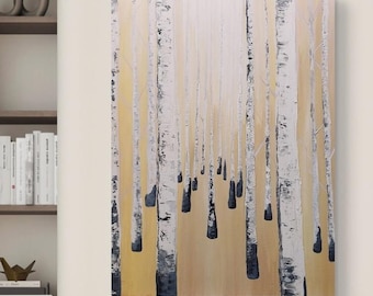 Witte berkenbos schilderij, kunst aan de muur voor nieuw huis, natuur kunst aan de muur, geschilderd door blinde kunstenaar, berkenbos kunst,