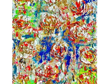 Può includere: Dipinto astratto con un designo floreale colorato. Il dipinto presenta una varietà di colori, tra cui rosso, arancione, giallo, verde, blu e viola. I fiori sono dipinti in uno stile sciolto ed espressivo, e lo sfondo è un mix di colori e texture.