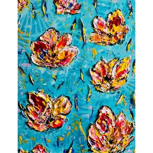 May include: Abstract painting of colorful flowers on a blue background. The flowers are painted in a thick, textured style, with bright colors of yellow, red, pink, and white.