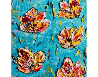 Bloemen abstract getextureerde schilderij, origineel abstract schilderij, muurkunst op canvas, getextureerde kunst, geschilderd door een blinde kunstenaar