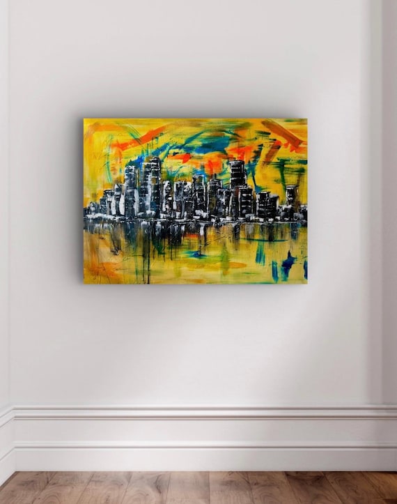 City Skyline Art, Wall Art Living Room, Wall Art on Canvas, Wall Art Above Bed, Skyline Wall Art, Abstract Wall Art, Painted by Blind Artist