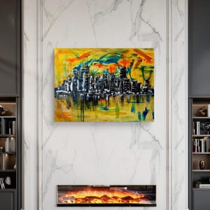 Stadt Skyline Kunst, Wandkunst Wohnzimmer, Wandkunst auf Leinwand, Wandkunst über dem Bett, Skyline Wandkunst, abstrakte Wandkunst, gemalt von blindem Künstler Bild 5