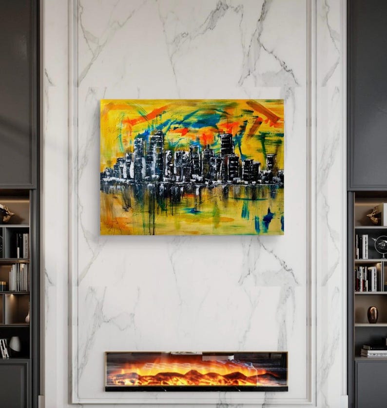 Stadt Skyline Kunst, Wandkunst Wohnzimmer, Wandkunst auf Leinwand, Wandkunst über dem Bett, Skyline Wandkunst, abstrakte Wandkunst, gemalt von blindem Künstler Bild 5