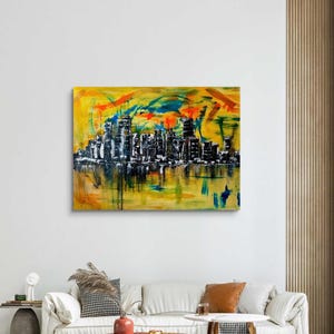 Stadt Skyline Kunst, Wandkunst Wohnzimmer, Wandkunst auf Leinwand, Wandkunst über dem Bett, Skyline Wandkunst, abstrakte Wandkunst, gemalt von blindem Künstler Bild 6
